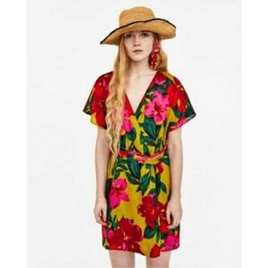 Zara Basics Floral Print Linen Wrap Dress Dress XS